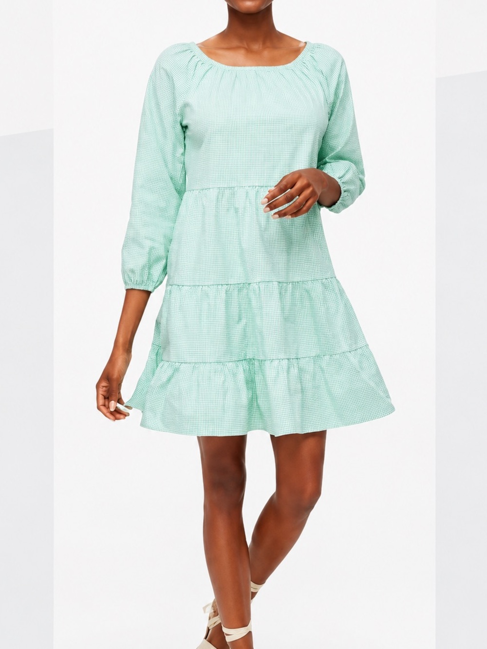 J.Crew Gingham Cotton Blend Poplin Raglan Tiered Mini Dress NWT XS Green Pockets